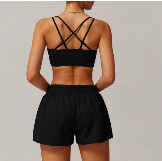 Strappy Sports Bra & Lightweight Shorts, black